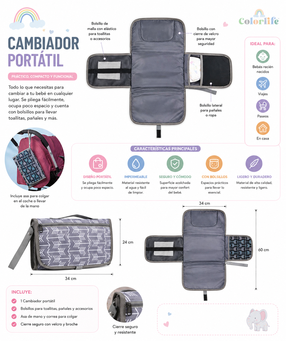 Cambiador Portátil para Bebé con Bolsillos – Plegable y Compacto
