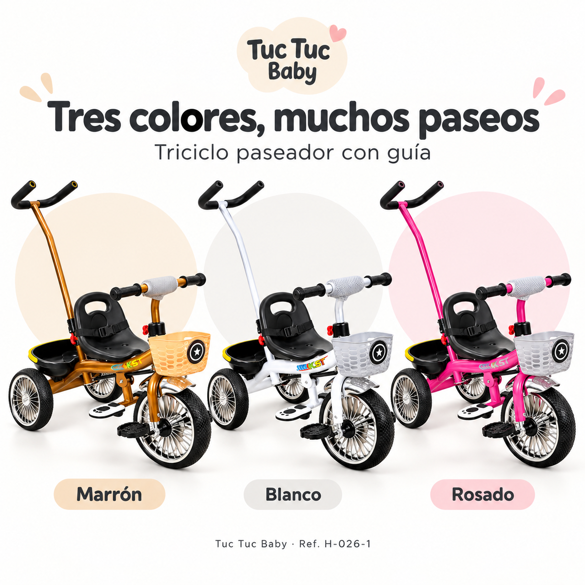 Triciclo paseador infantil con guía y canasta H-026-1