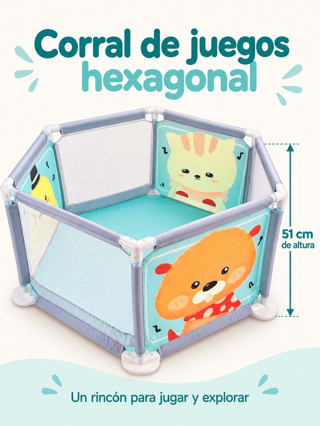 Corral de juegos hexagonal para bebé Vivakids – Animalitos 112 Cm