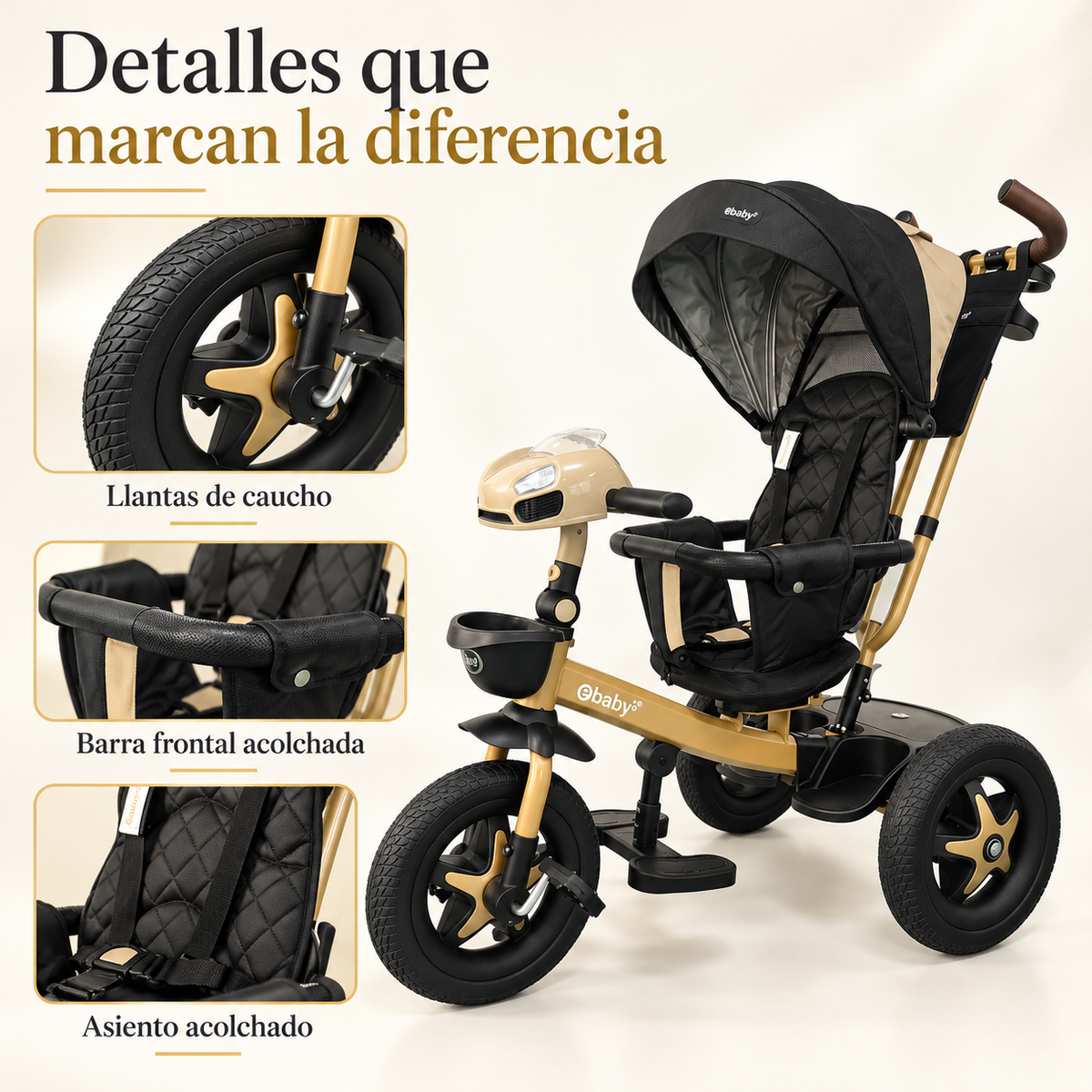 Triciclo Paseador Ebaby 360° Con Manubrio Reclinable con Bluetooth y Luces EB365R