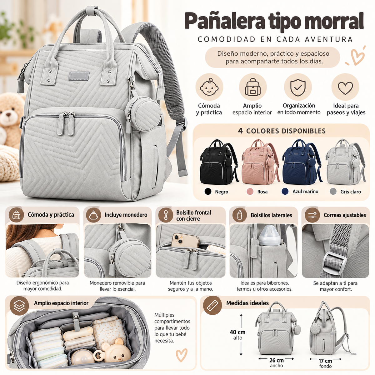 🎒 Pañalera Tipo Morral con Monedero para Bebé 💕