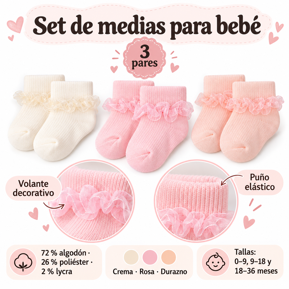 🎀 Set de 3 Pares de Medias para Bebé 💕