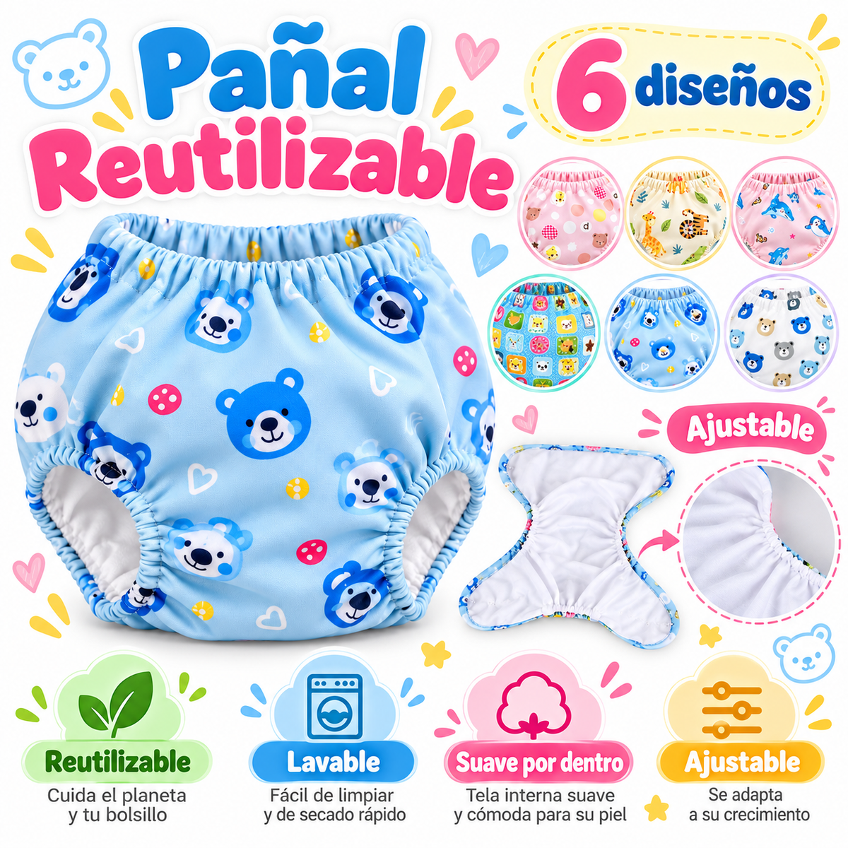 🧸 Pañal Reutilizable Tipo Calzoncito para Bebé | Cómodo, Lavable y con Diseños Adorables 💕