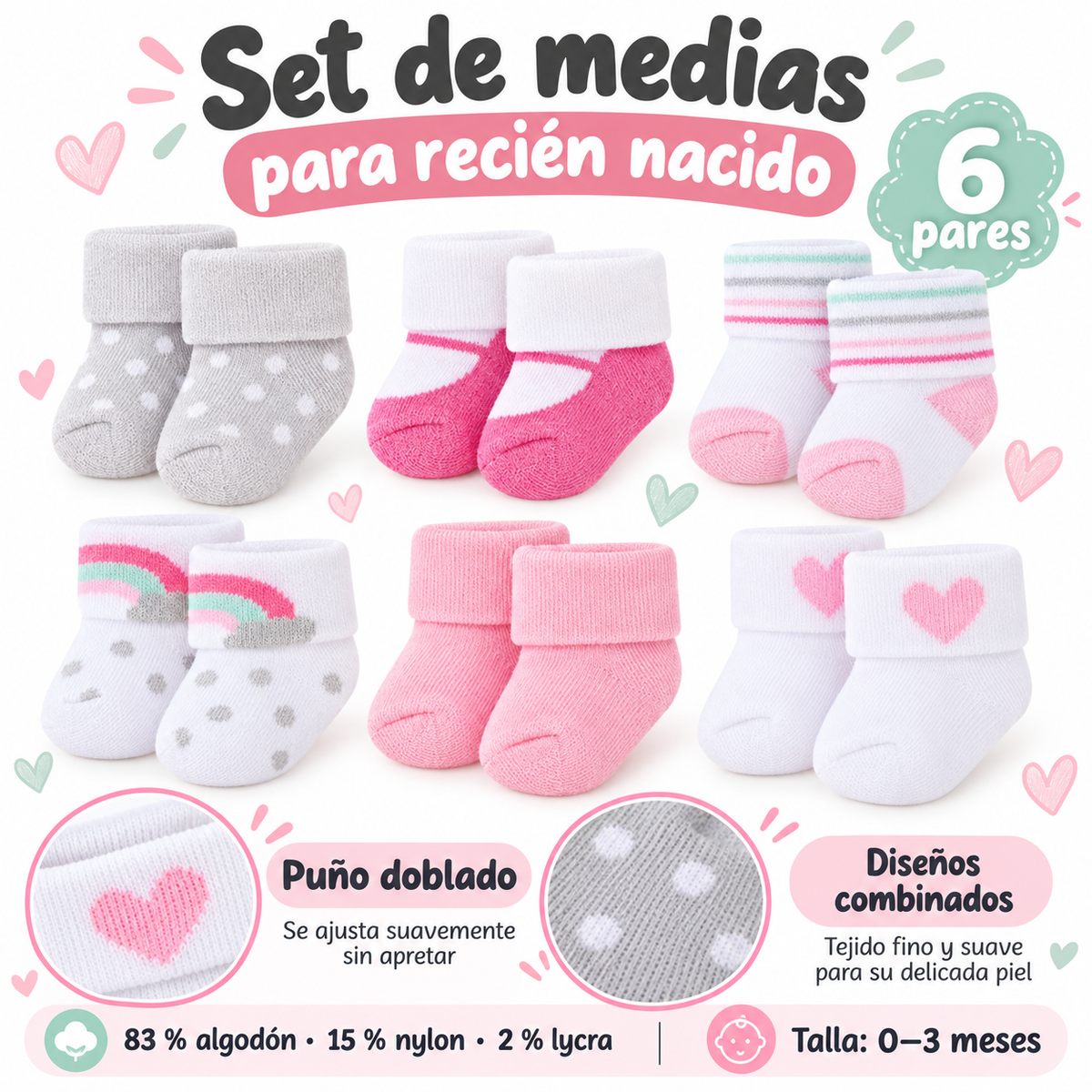 Set de 6 Pares de Medias para Recién Nacido