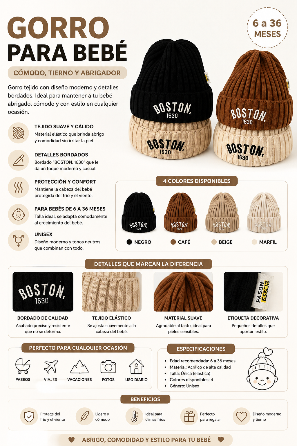 Gorro Tejido para Bebé Boston | Suave y Cálido 6-36 Meses