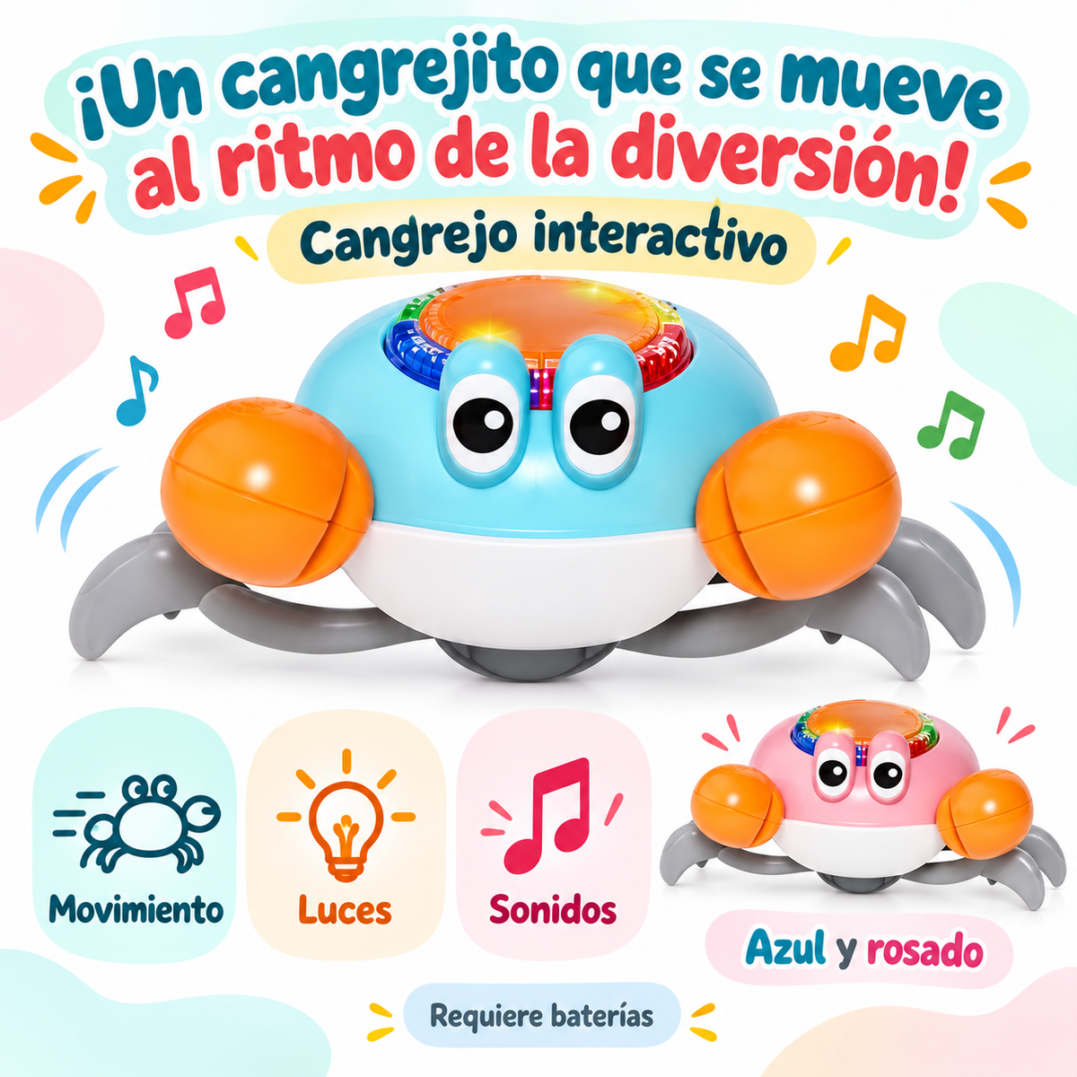 🦀 Cangrejo interactivo: ¡movimiento, luces y mucha diversión! 🎶