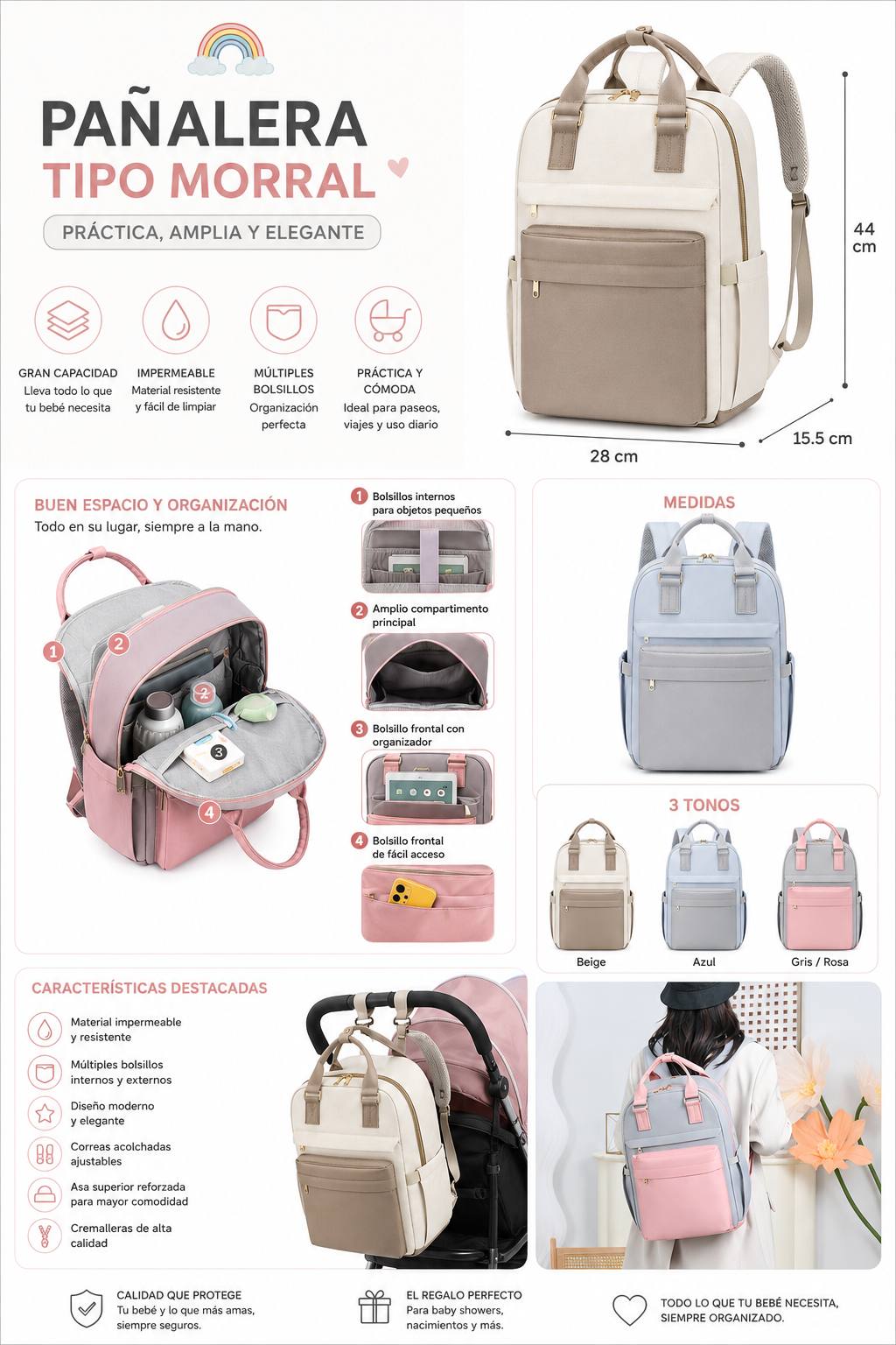 Pañalera Tipo Morral Impermeable para Bebé | Gran Capacidad | 3 Tonos Disponibles