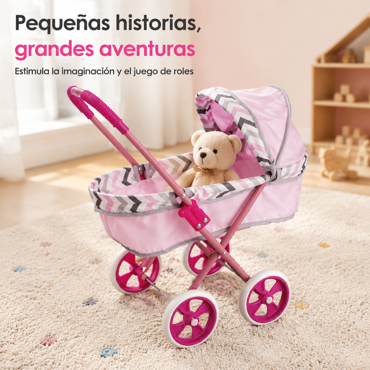 Coche Moisés para Muñecas Rosado con Capota Mini