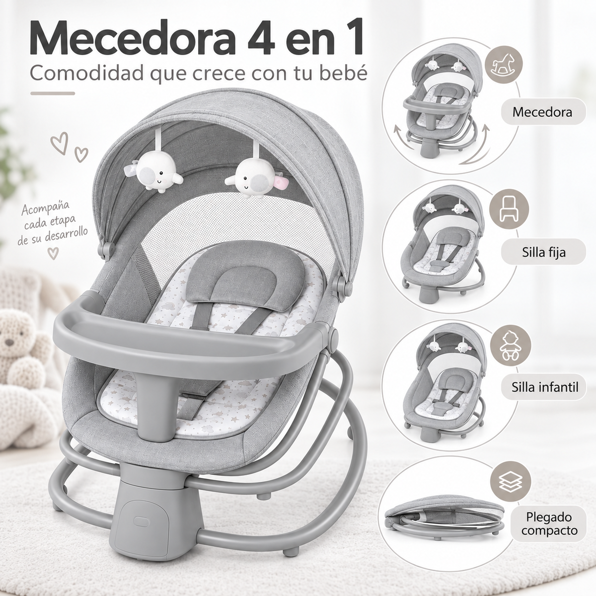 Mecedora Mastela 4 en 1 con Control por App y Bandeja Comedor
