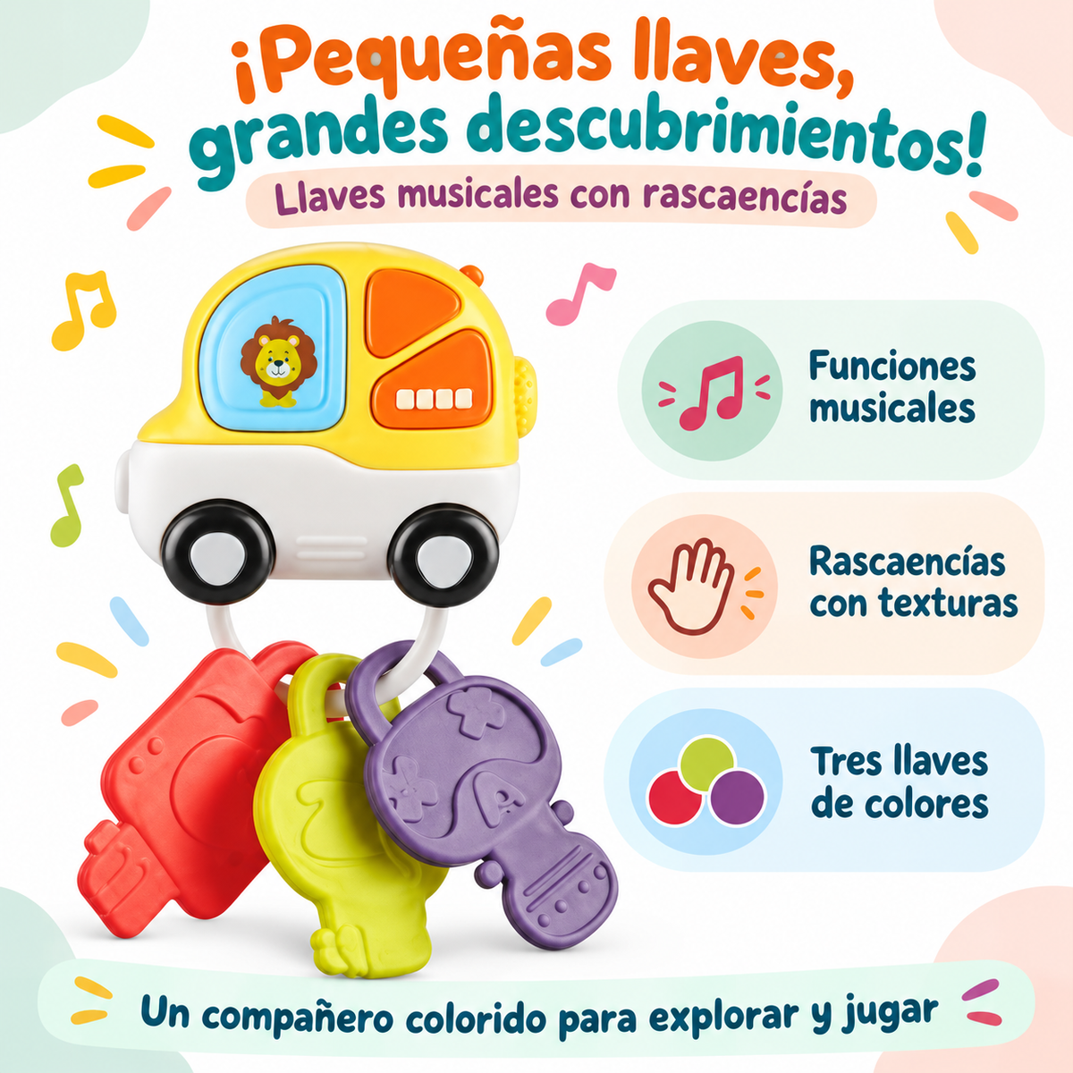 🚗🎶 Llaves musicales con rascaencías: ¡diversión en sus manitos!