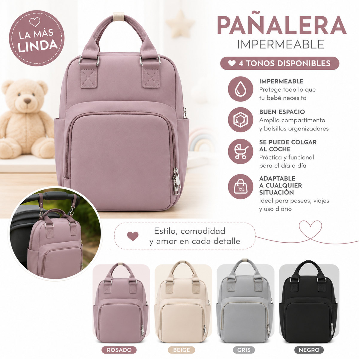Pañalera Mochila Impermeable para Bebé | Gran Capacidad | 4 Colores Disponibles