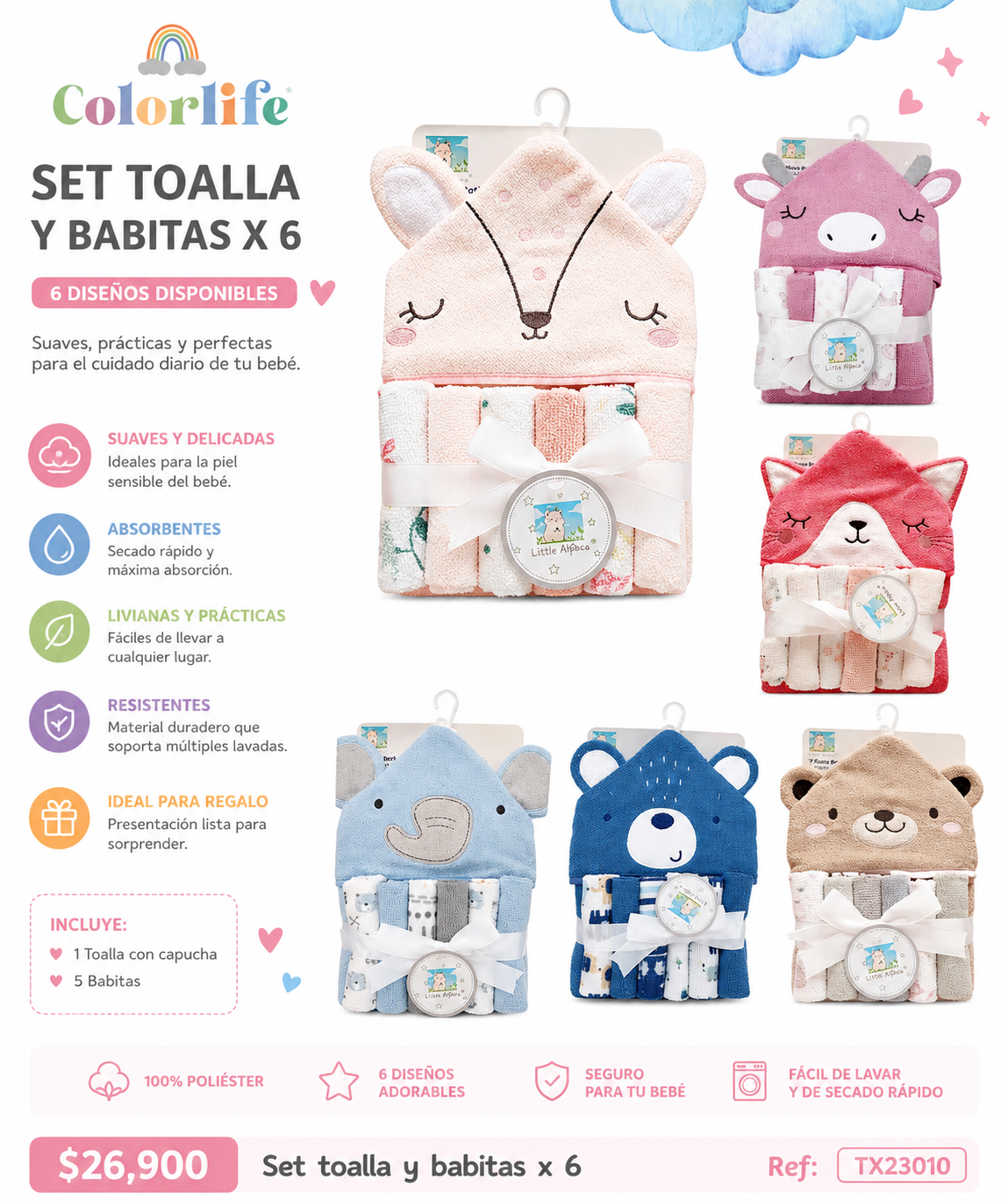 Set Toalla con Capucha y 5 Babitas para Bebé | 6 Diseños