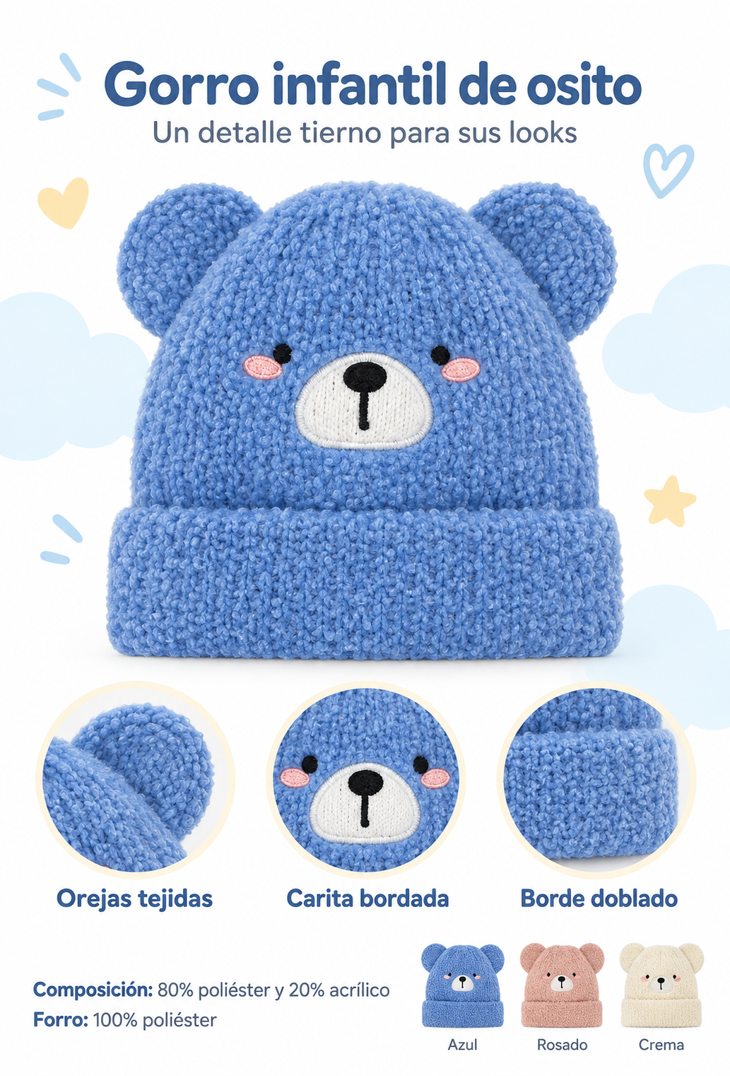 🧸 Gorro infantil de osito con orejitas