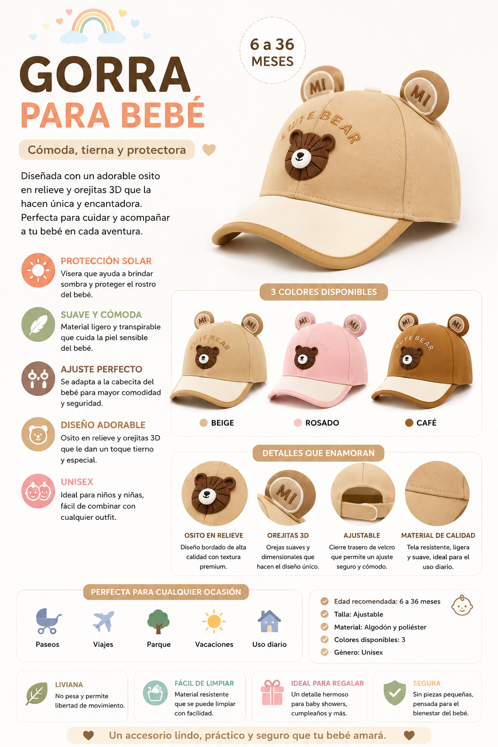 Gorra para Bebé Cute Bear con Orejitas | 6 a 36 Meses