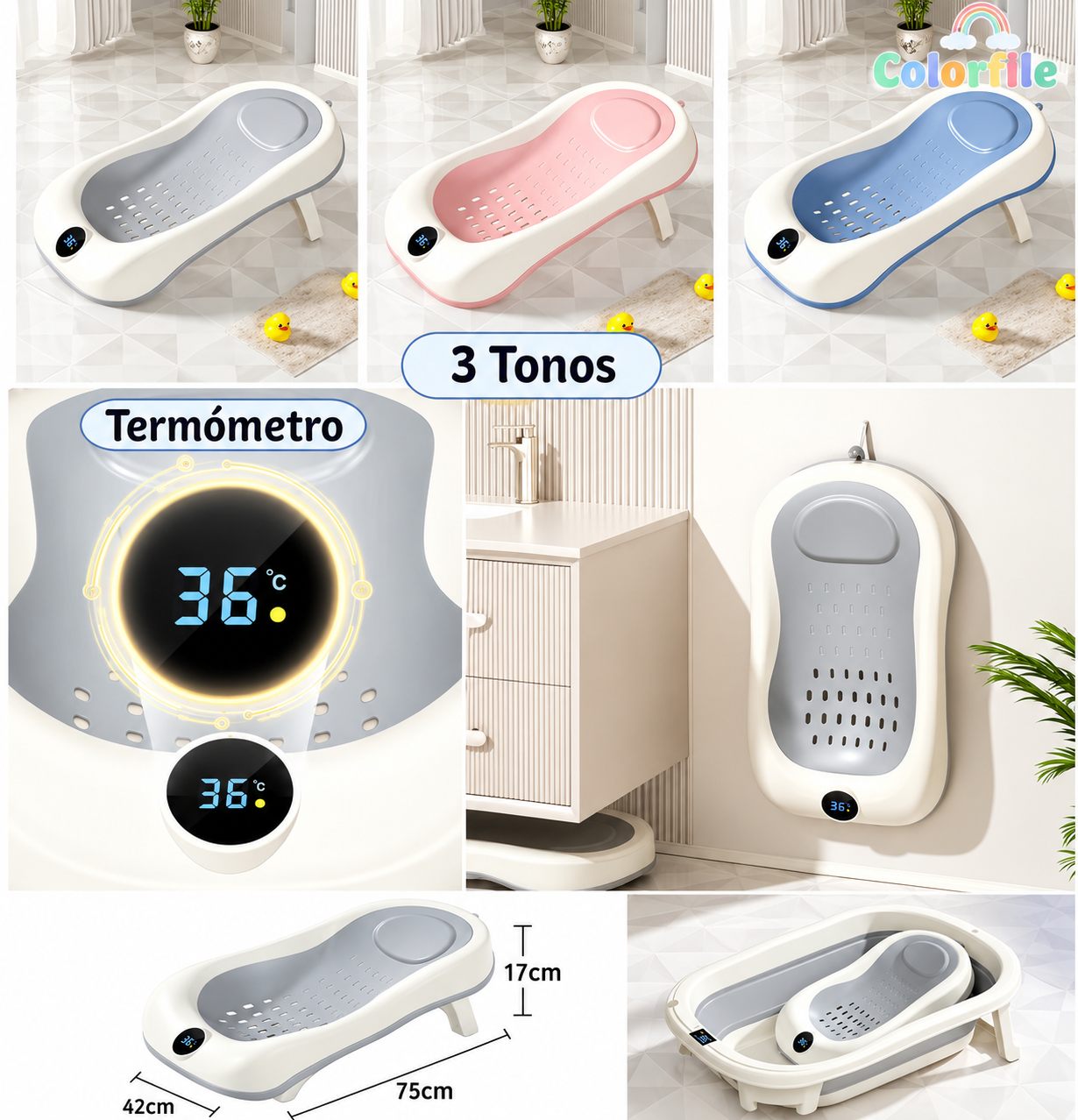 Bañera Plegable para Bebé con Termómetro Digital