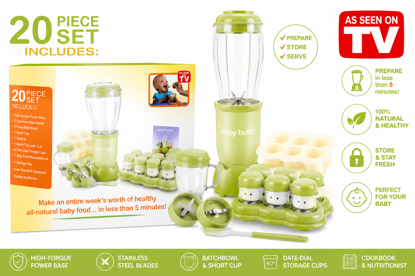 Baby Bullet Set Completo 20 Piezas Para Preparación de Comida de Bebé