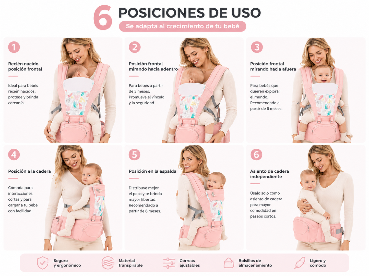 Cargador Ergonómico 6 en 1 Premium con Asiento de Cadera y Almacenamiento- Disney
