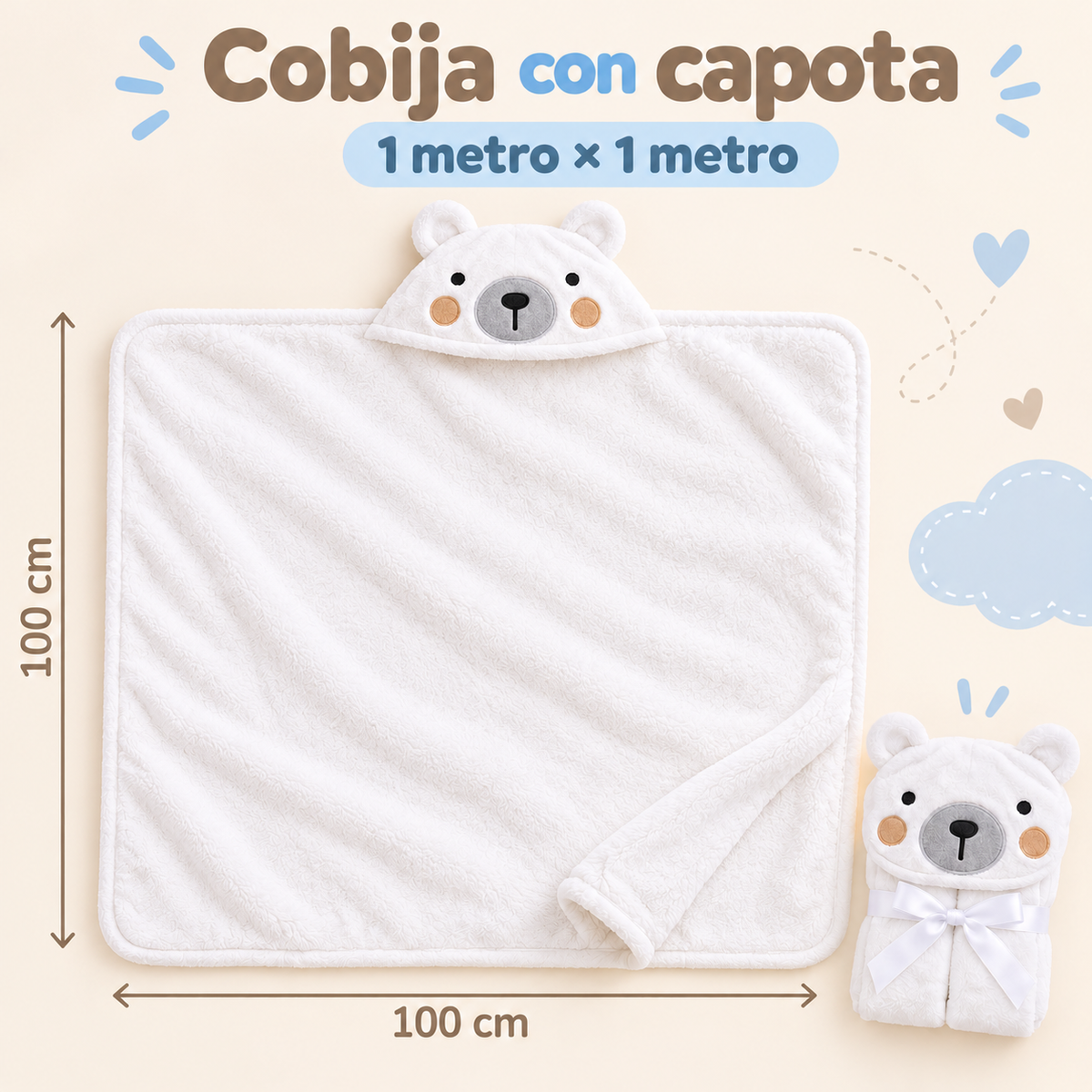 Cobija para bebé con capota de animalitos 100 × 100 cm