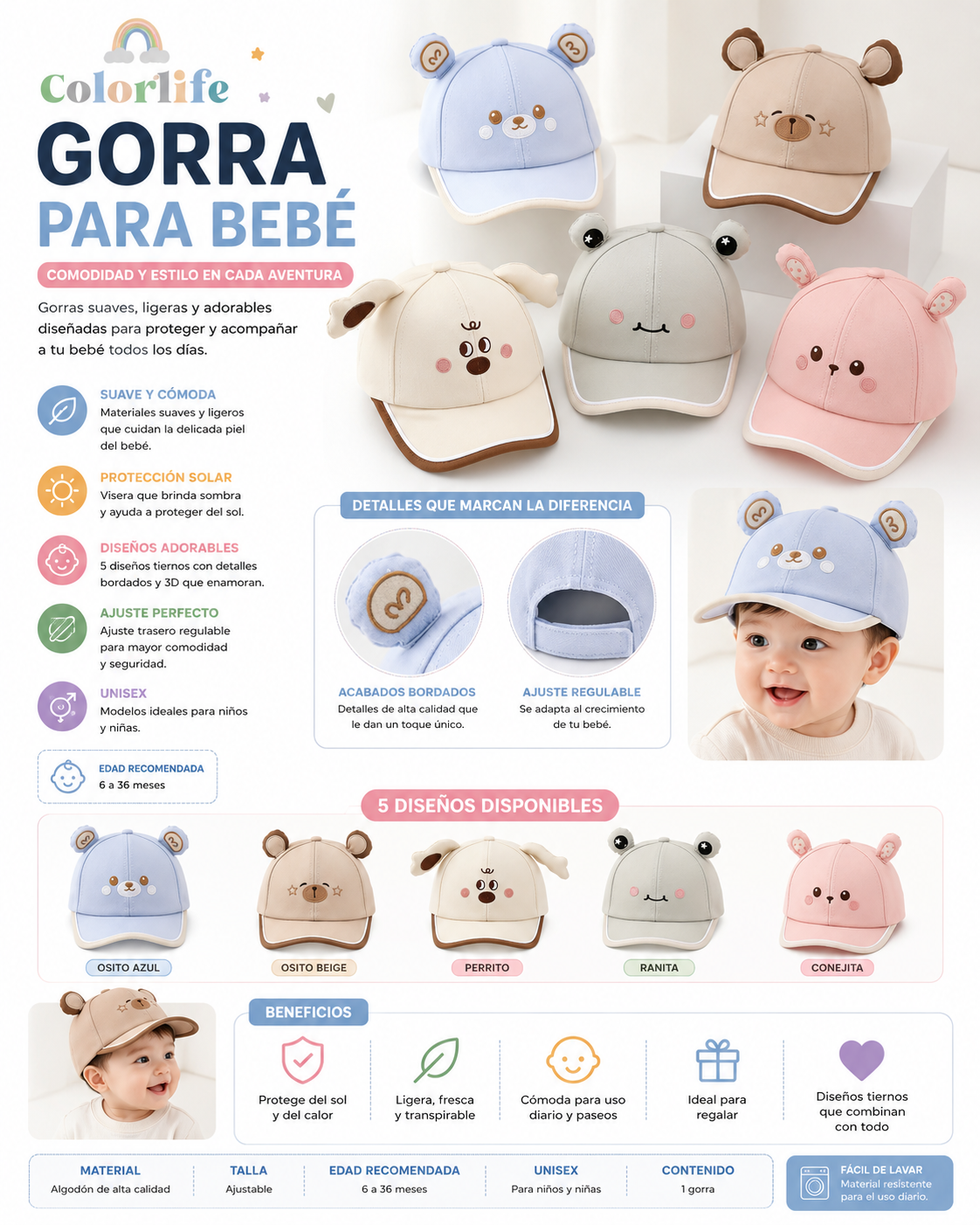 Gorra para Bebé con Orejitas – Diseños de Animalitos