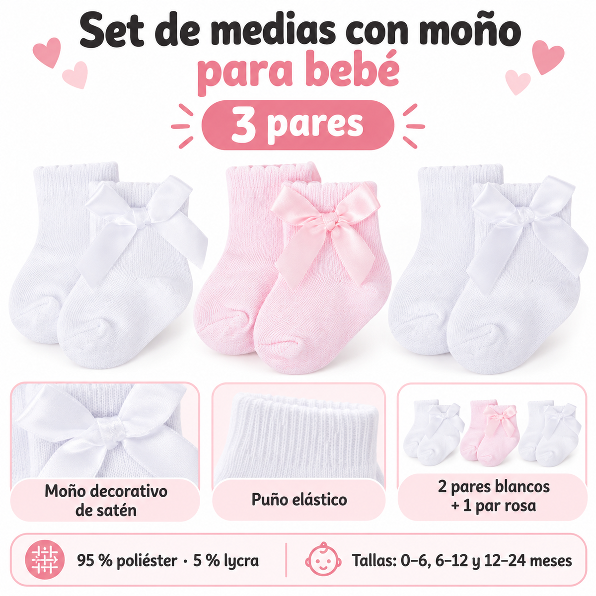 🎀 Set de 3 Pares de Medias con Moño para Bebé 💕
