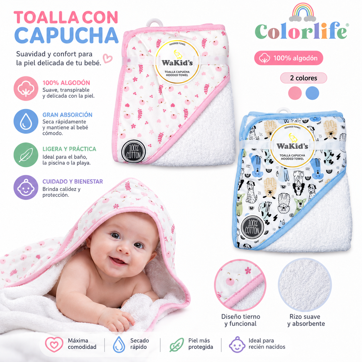 Toalla con Capucha para Bebé 100% Algodón | Suave y Absorbente