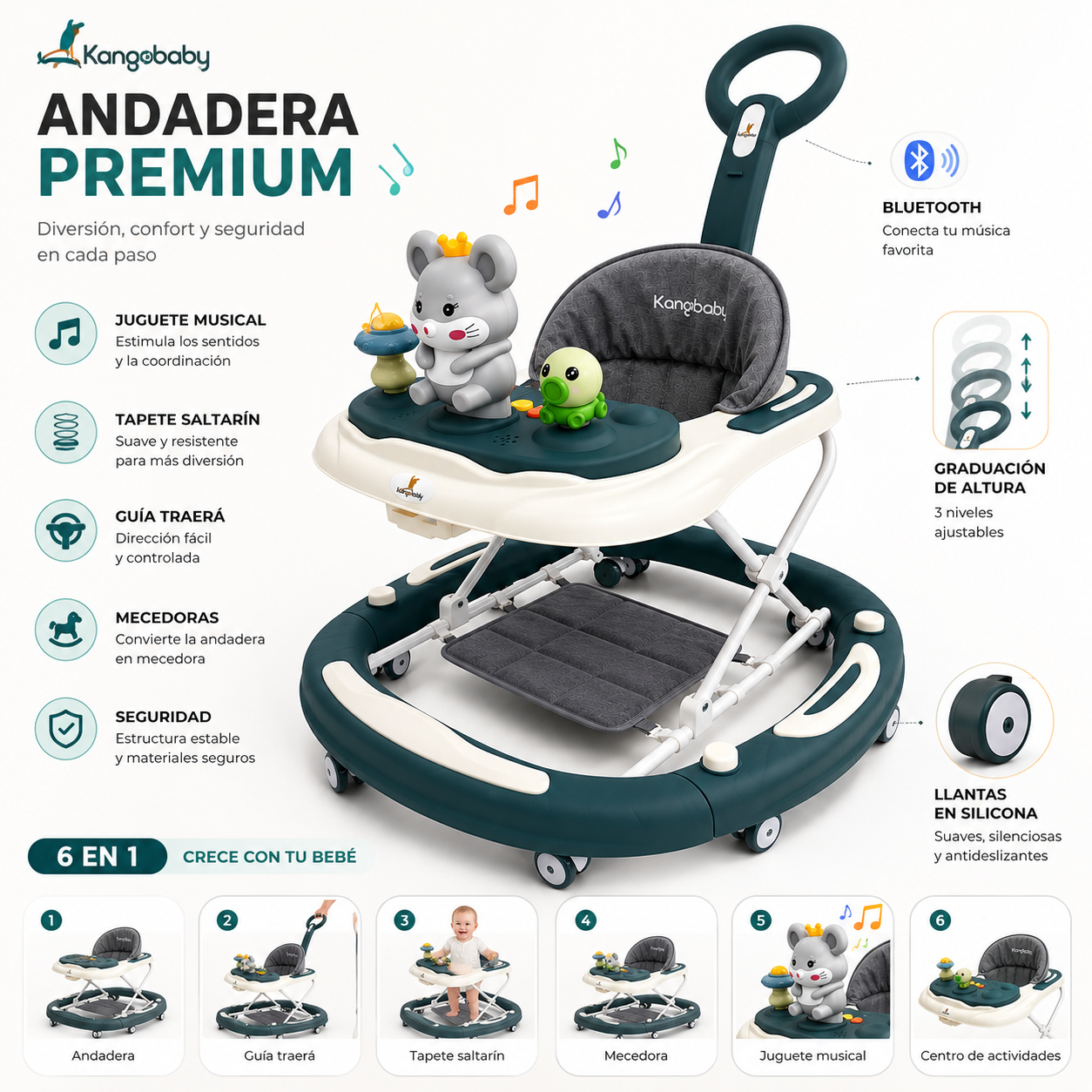 Caminador Con Mecedora, Bluetooth y Guia