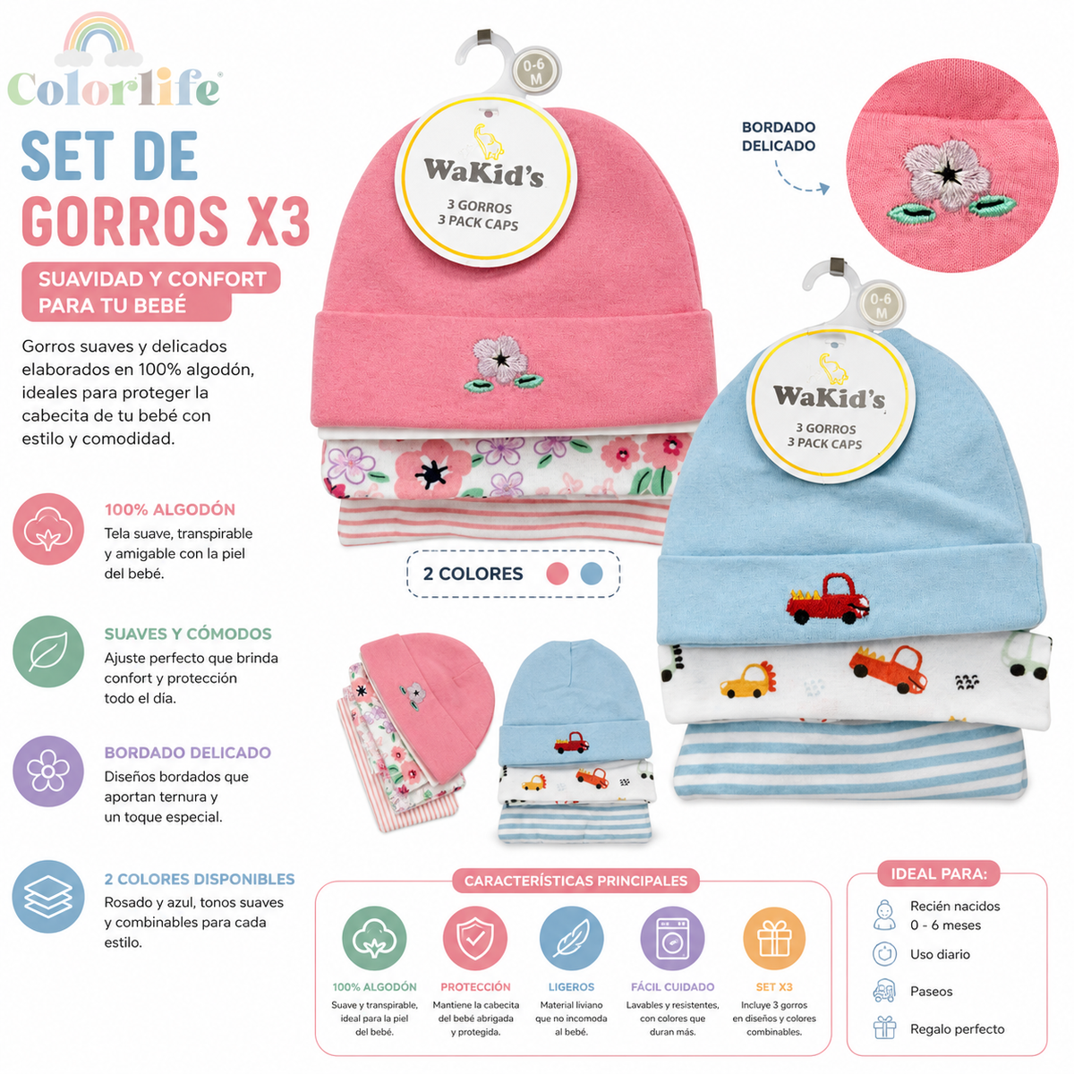 Set x3 Gorros para Bebé 100% Algodón – 0 a 6 Meses