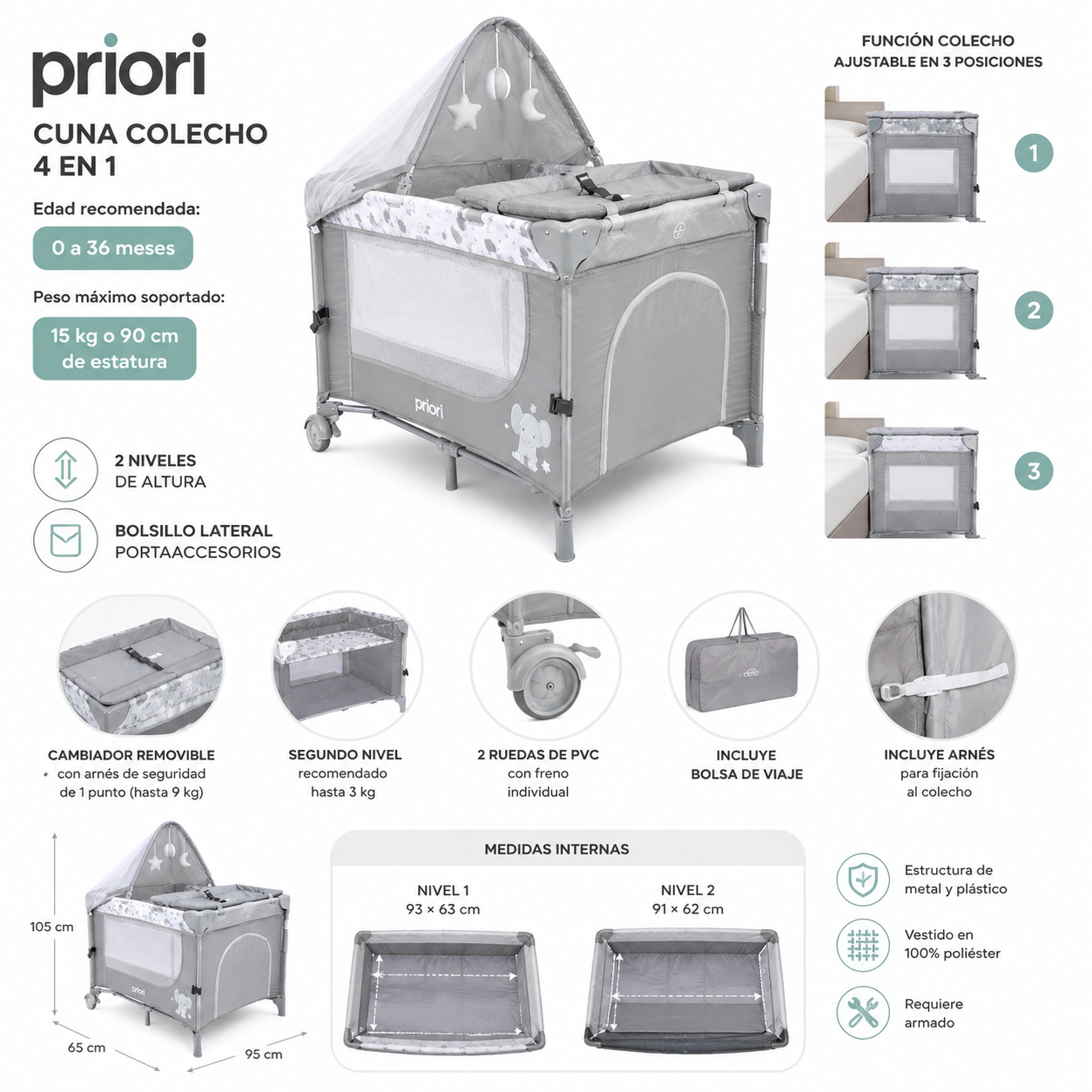 Combo Cuna Colecho Madison Priori + Colchoneta Premium 60 × 90 × 10 cm