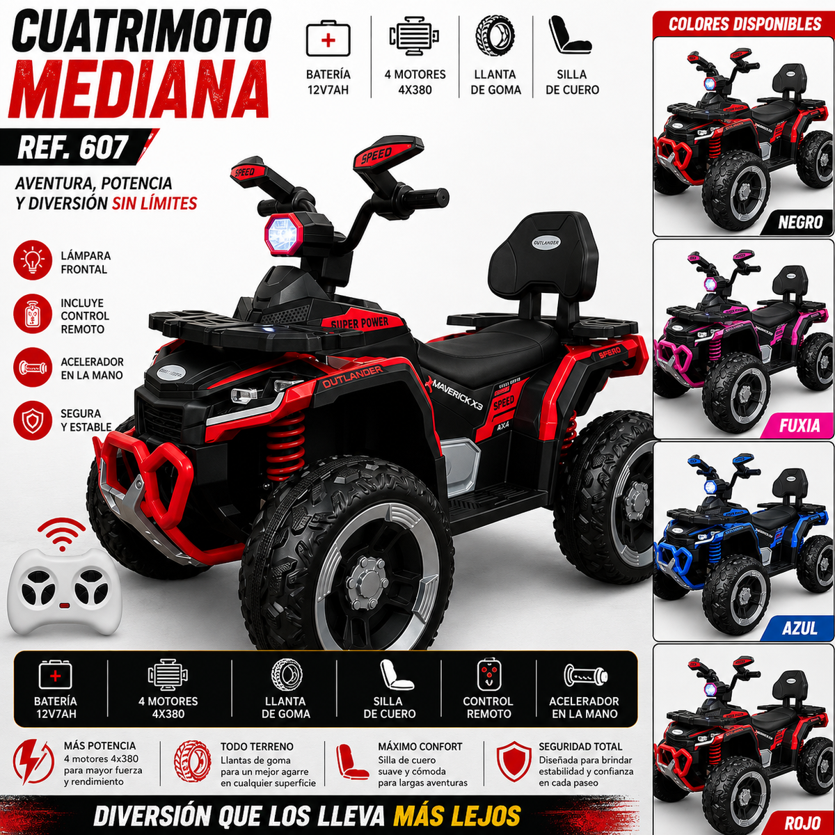 Cuatrimoto Eléctrica 4x4 Niños 12v Llantas Goma App Y Cuero Grande