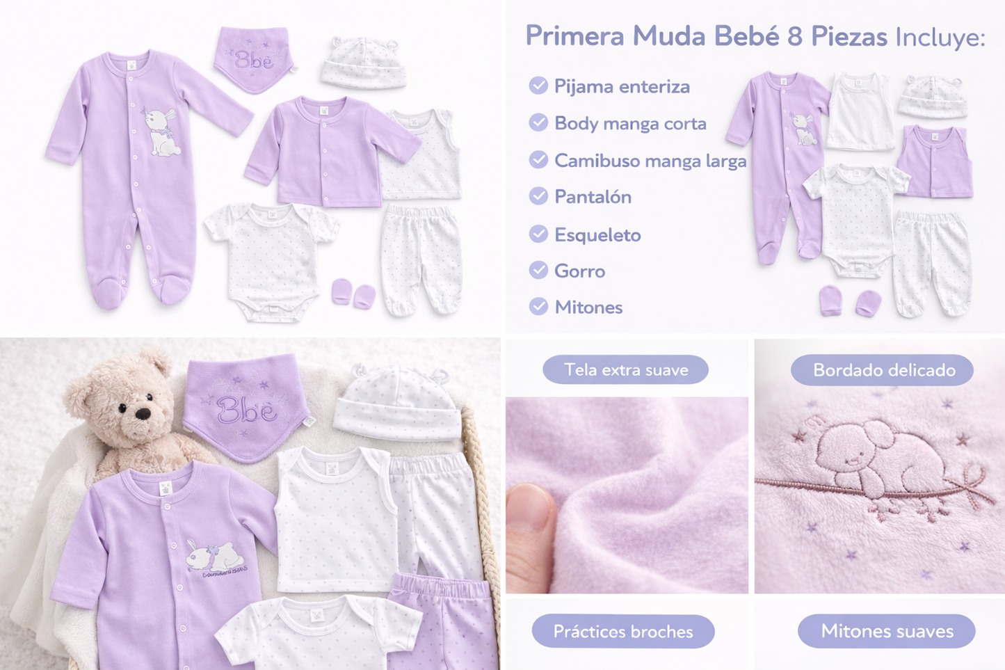Primera Muda Bordada 8 Piezas En Algodón Lila