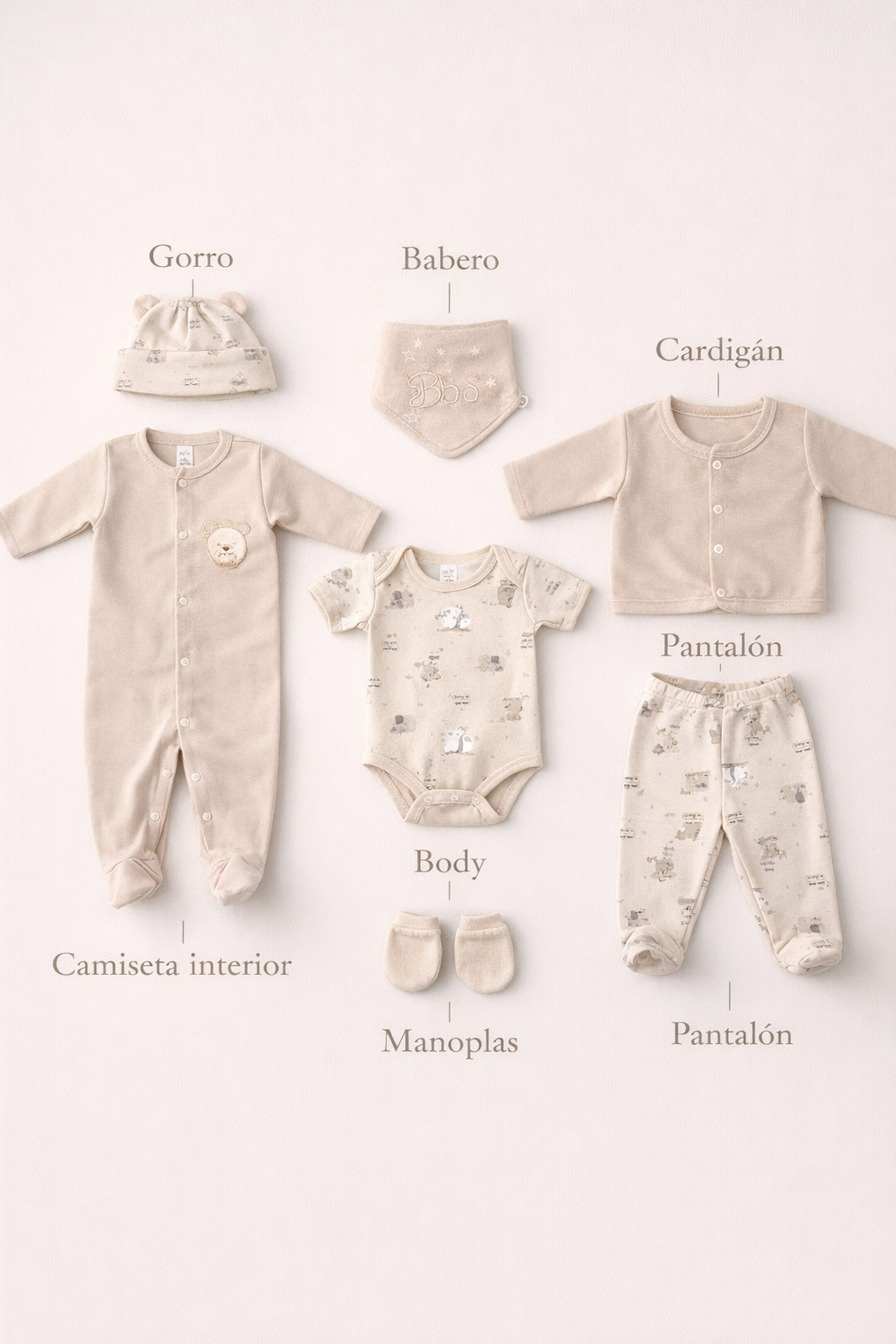 Primera Muda Bordada 8 Piezas En Algodón Beige