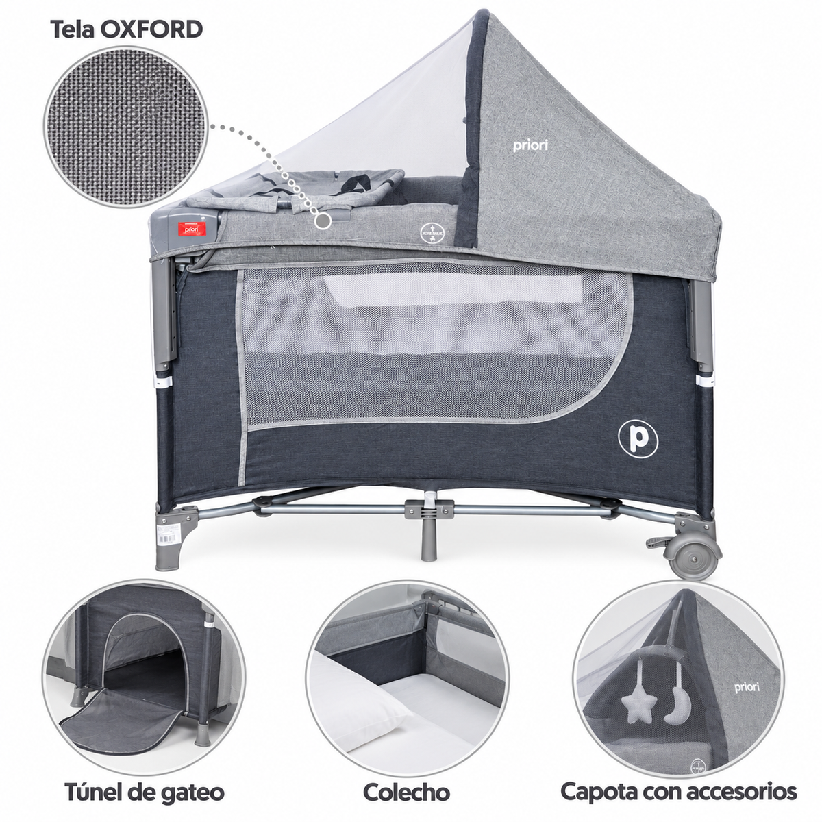 Cuna Corral Colecho Priori Madison  Plus Con Cambiador y Mosquitero Tela En Lino Premium