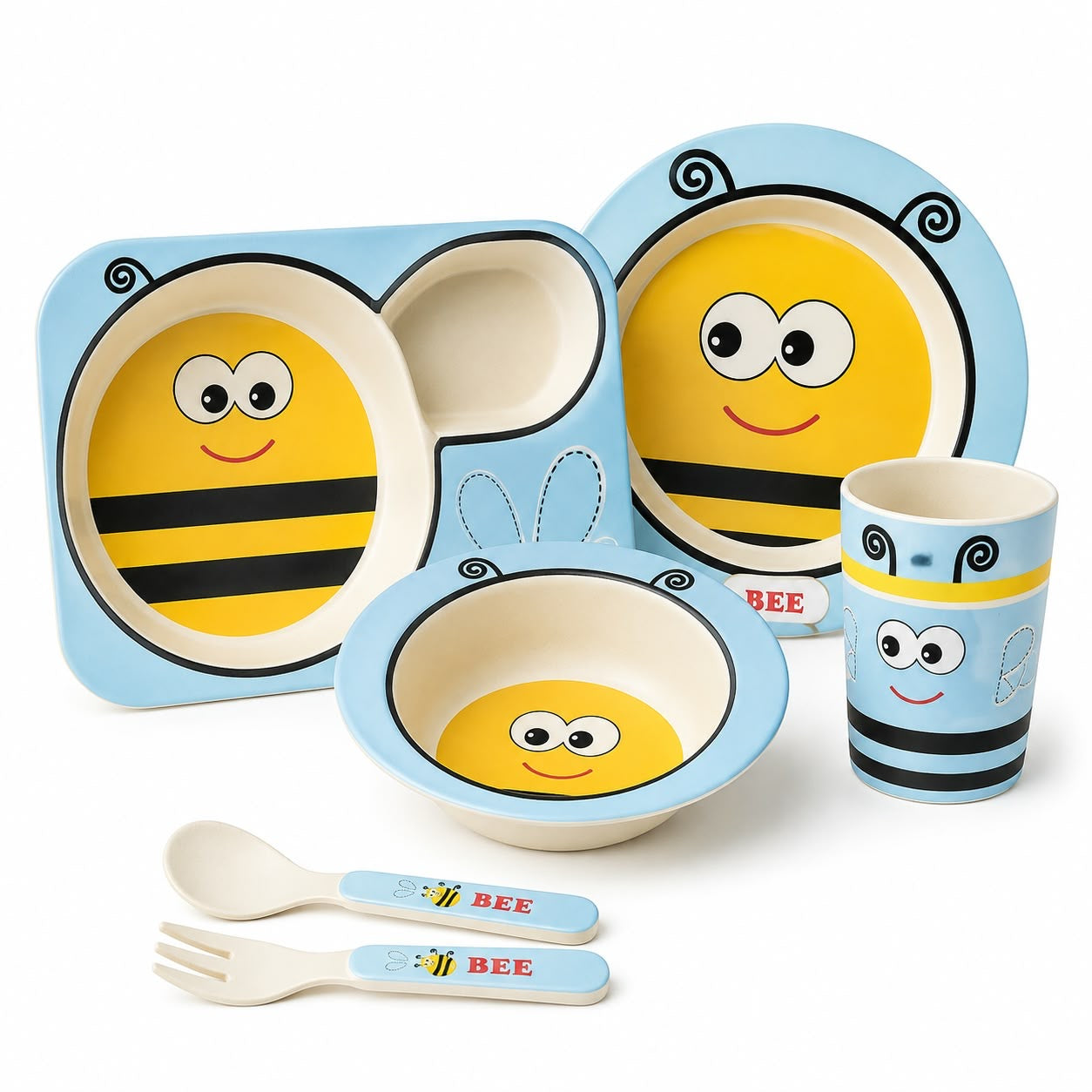 Vajilla Infantil de Fibra de Bambú 6 Piezas con Bandeja Dividida, Plato, Tazón, Vaso y Cubiertos – Set de Alimentación con Diseños Infantiles