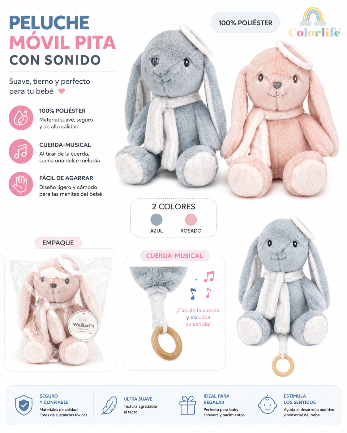 Peluche Musical Conejito para Bebé con Cuerda | 2 Colores