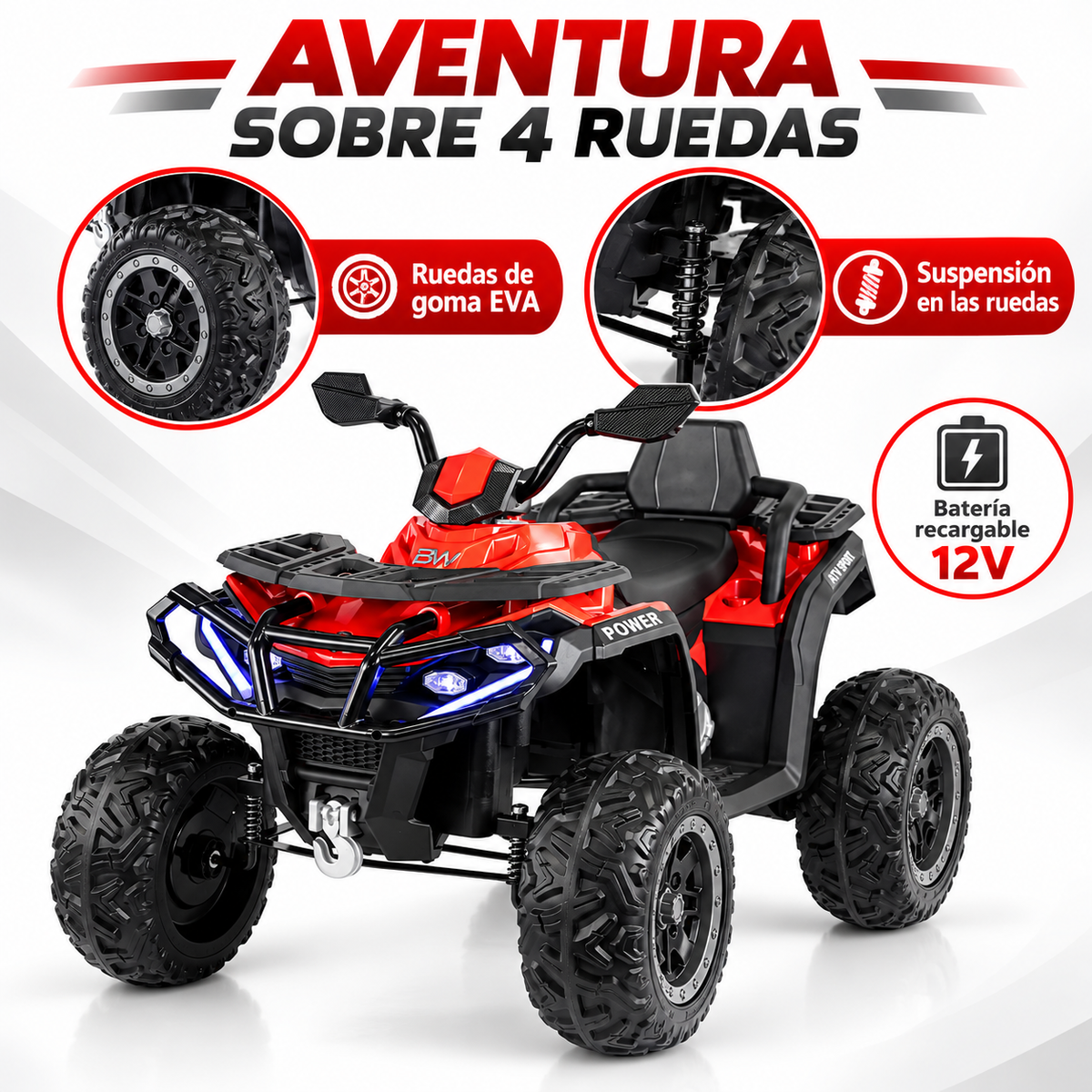 Cuatrimoto eléctrica Prinsel Warrior 12V roja con ruedas EVA