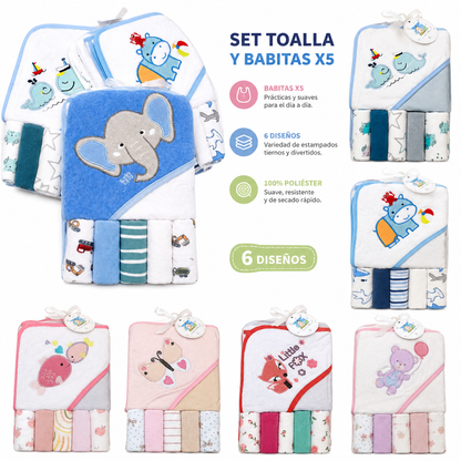 Set Toalla con Capucha + 5 Babitas para Bebé | 6 Diseños