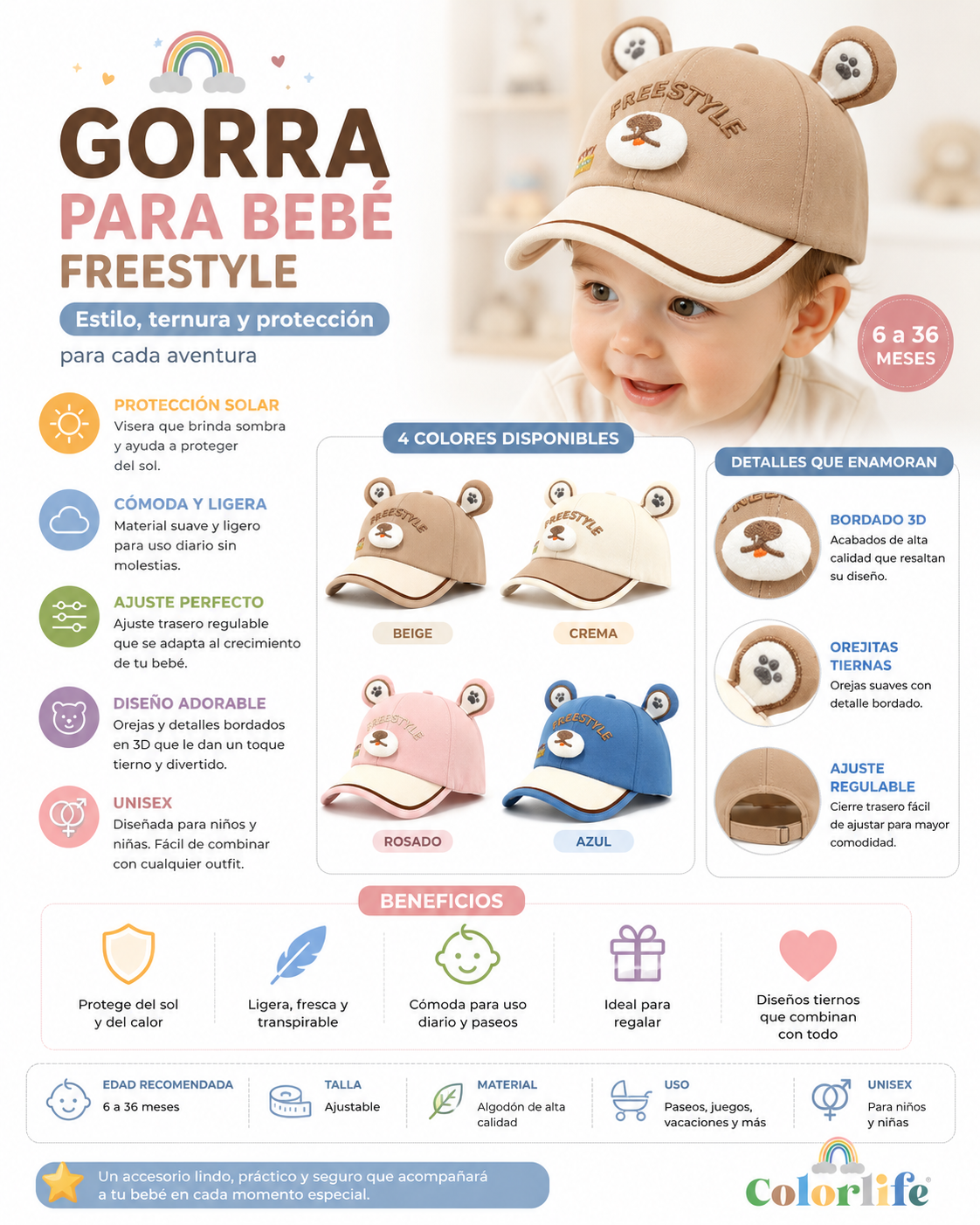 Gorra para Bebé con Orejitas Freestyle Ajustable | 6 a 36 Meses