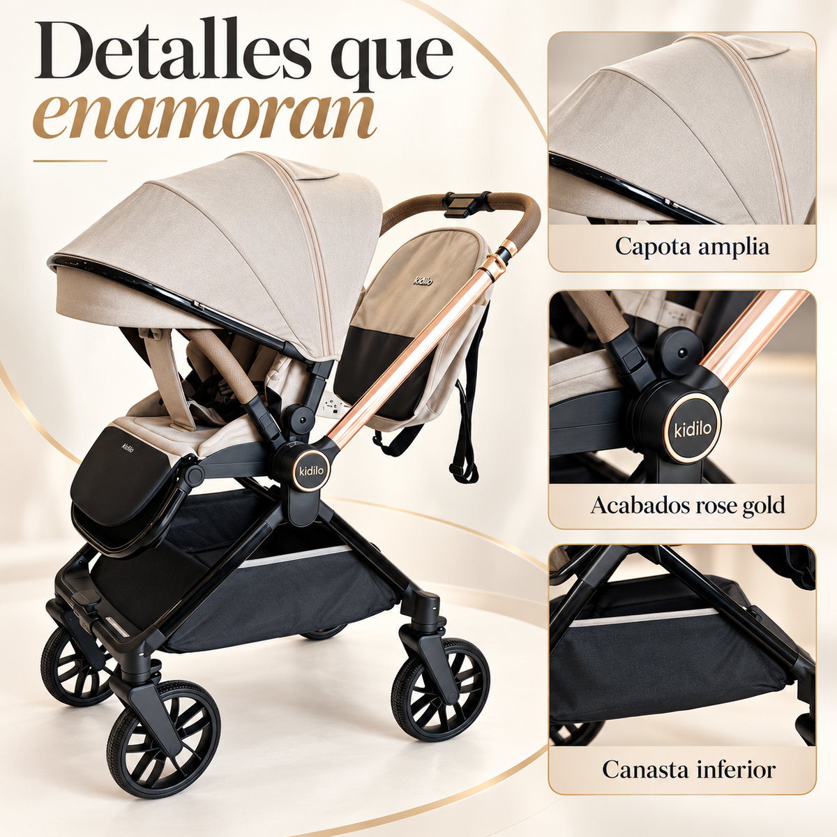 Coche Capri Con Mango Reversible  Kidilo y Pañalera Premium Marca Kidilo