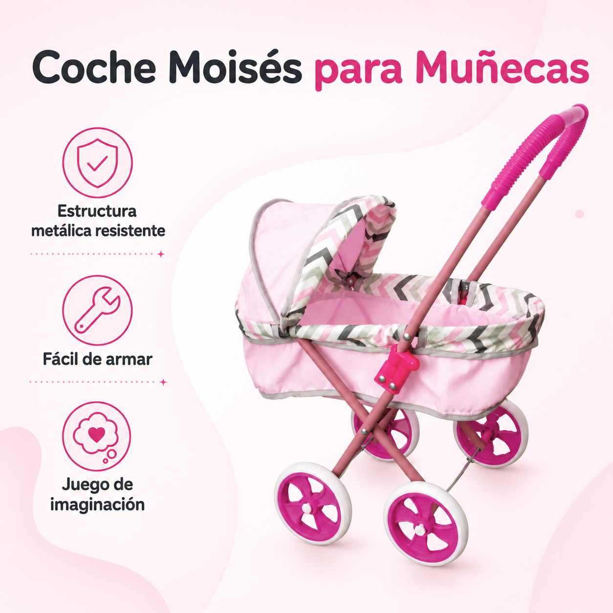 Coche Moisés para Muñecas Rosado con Capota Mini