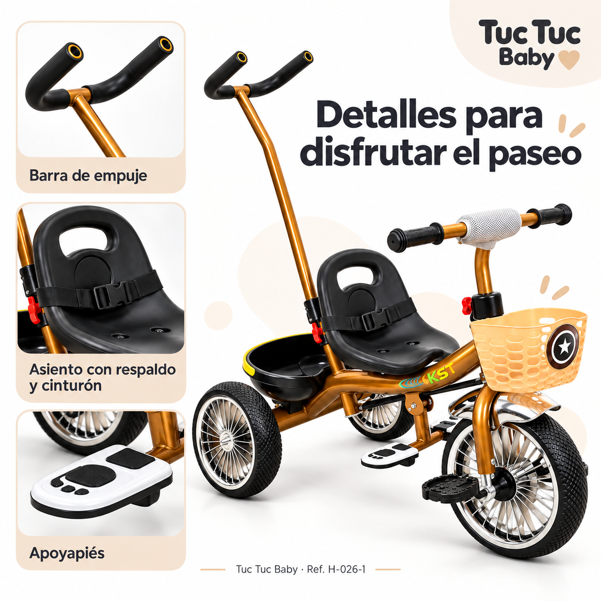 Triciclo paseador infantil con guía y canasta H-026-1