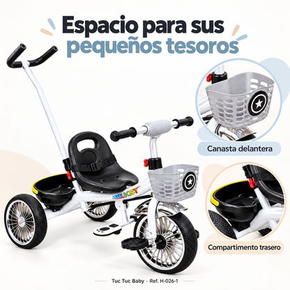 Triciclo paseador infantil con guía y canasta H-026-1