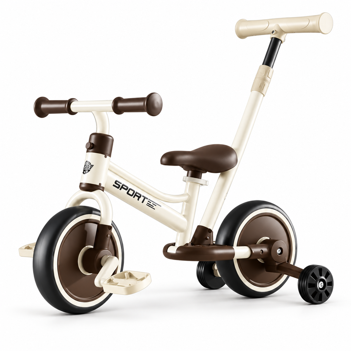 Bicicleta De Equilibrio Infantil con barra de empuje, pedales y ruedas auxiliares | Beige y Café