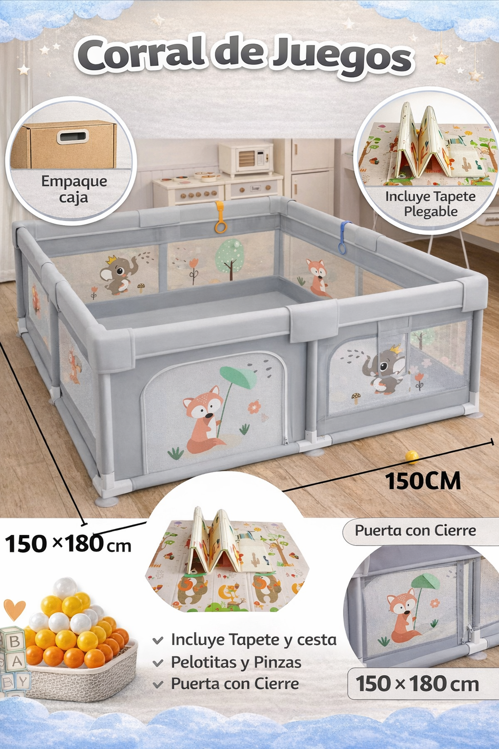 Corral de Juegos con Tapete y 30 Pelotas - Extra Grande 180x150 cm Play pen LJY1518