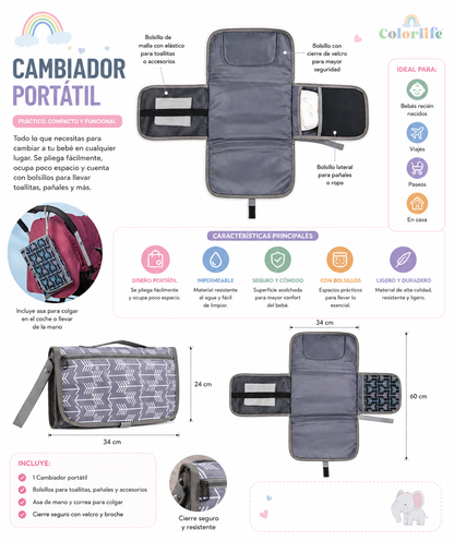 Cambiador Portátil para Bebé con Bolsillos – Plegable y Compacto