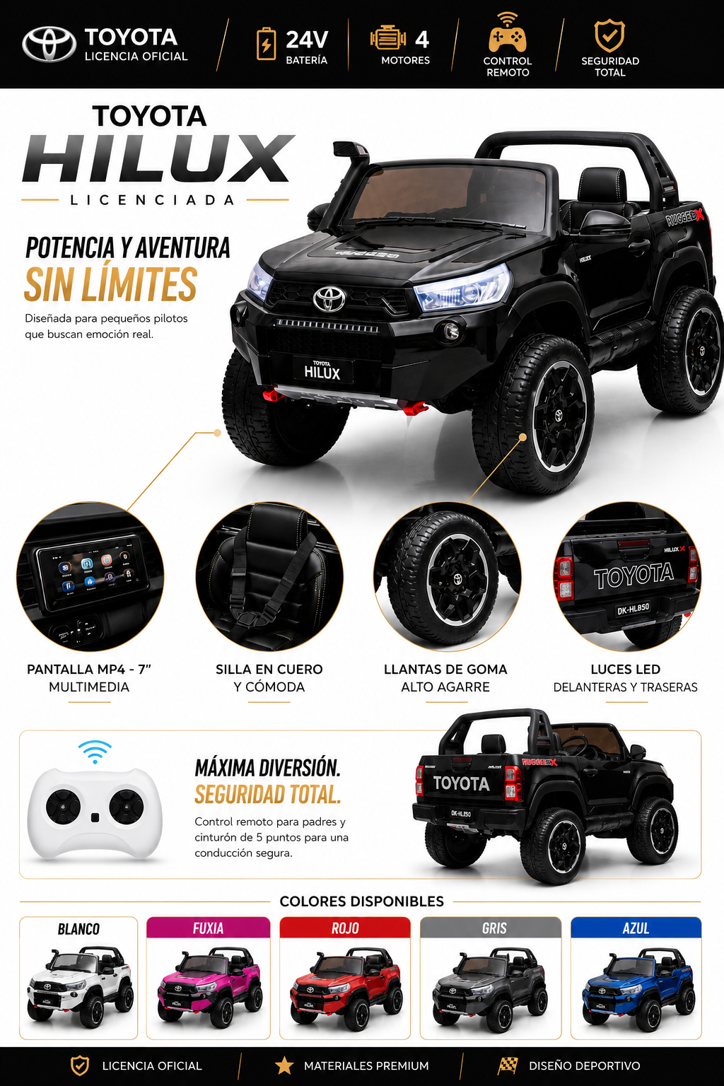 Camioneta Eléctrica Infantil Toyota Hilux Licenciada 24V – 4 Motores con Control Remoto