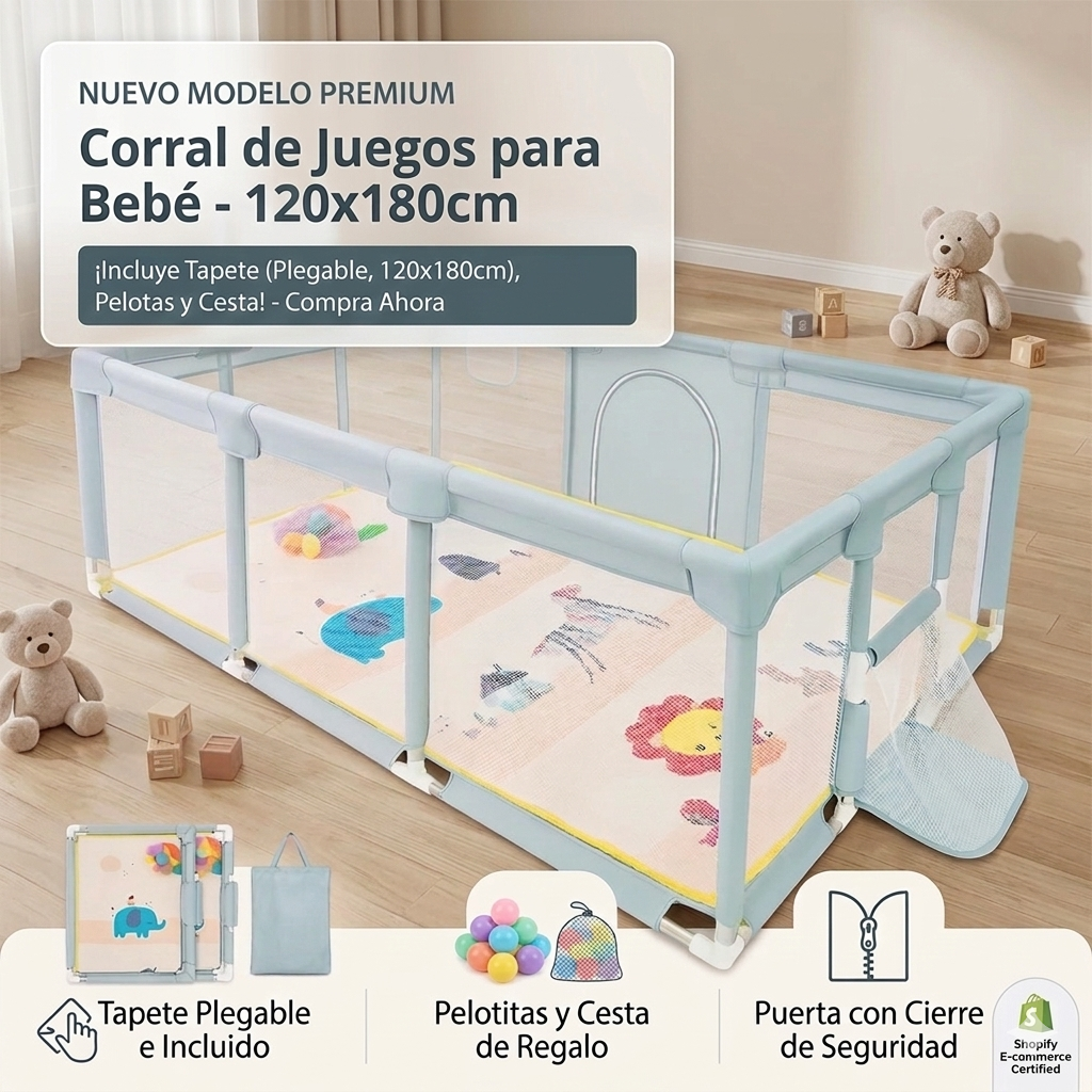 Corral de Juegos Multifuncional 180 x 120 Cancha + Pelotas Con Tapete Plegable 1 Cm