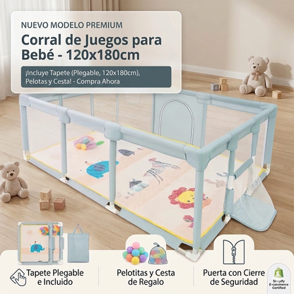 Corral de Juegos Multifuncional 180 x 120 Cancha + Pelotas Con Tapete Plegable 1 Cm