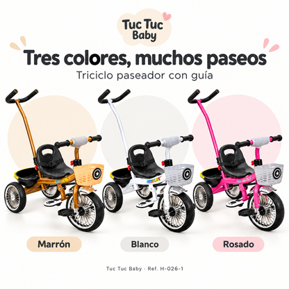 Triciclo paseador infantil con guía y canasta H-026-1