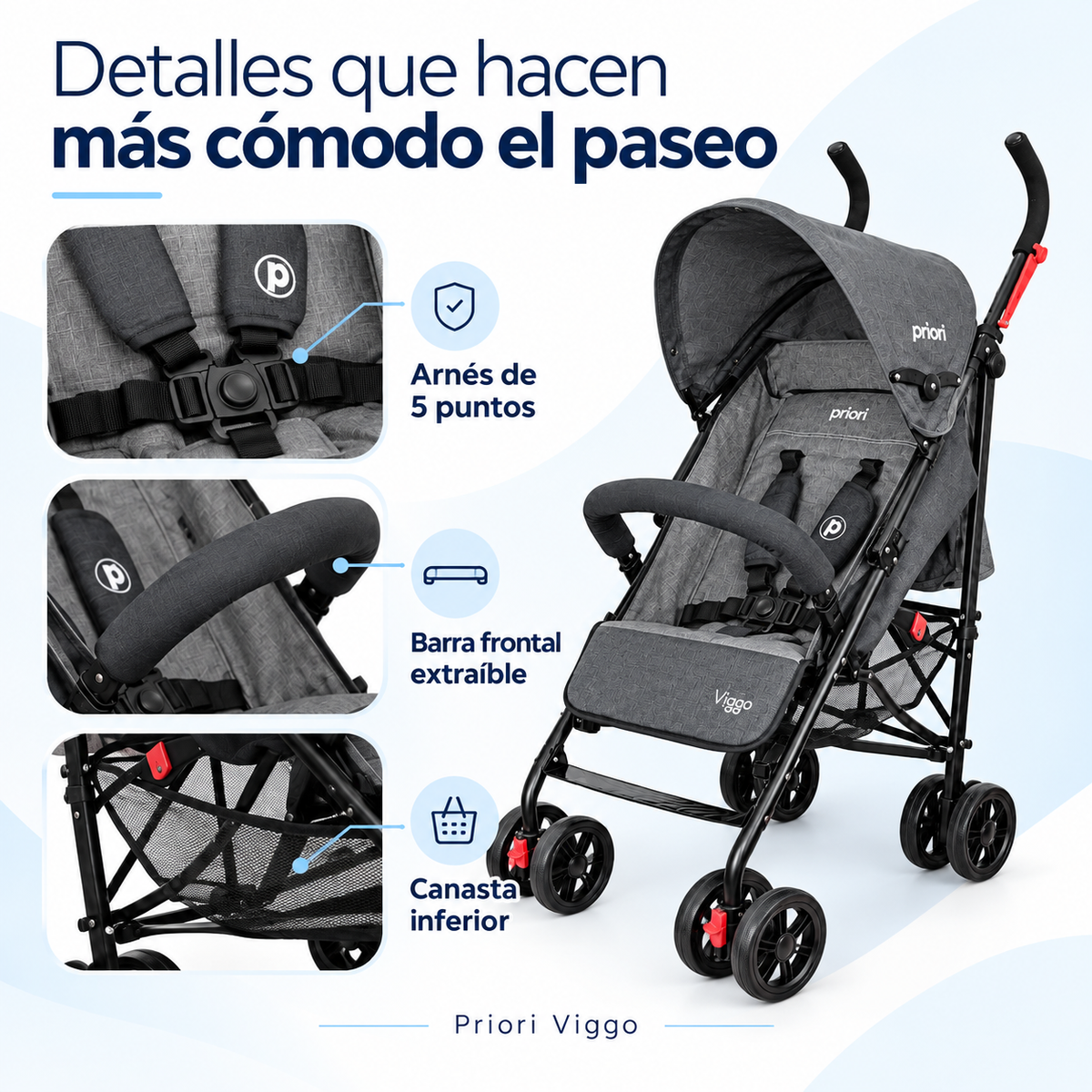 Coche Paseador Priori Viggo para Bebé | Reclinable y Plegable Tipo Sombrilla