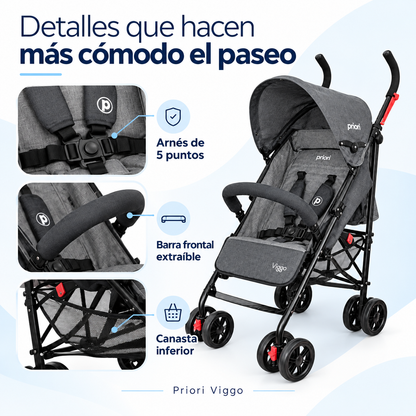 Coche Paseador Priori Viggo para Bebé | Reclinable y Plegable Tipo Sombrilla